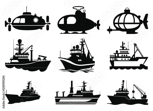 Black Silhouette Icons of Research Vessels, Icebreaker Ship, Submersible. High-Resolution Exploration and Scientific Ships
