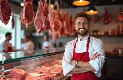 Portrait of smiling butcher in modern meat shop with raw meat on shelves. Male shopkeeper in uniform with arms crossed happy working. Small business retail concept. Meat production industry.