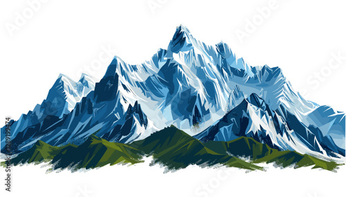 High mountain peaks, vector landscape, alpine scenery, rocky terrain, outdoor adventure, snowy mountains, wilderness, hiking trails, panoramic views
