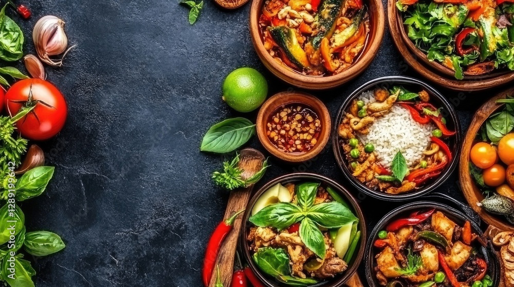 An overhead view of hot steamed rice on a colorful Thai table setting, with traditional dishes and utensils, highlighting the beauty of Thai cuisine. An overhead view of hot steamed rice on a colorful Thai table setting, with traditional dishes and utensils, highlighting the beauty of Thai cuisine.