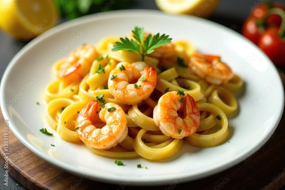 Shrimp scampi pasta with parsley and lemon on a plate, shrimp, cuisine, meal Shrimp scampi pasta with parsley and lemon on a plate, shrimp, cuisine, meal