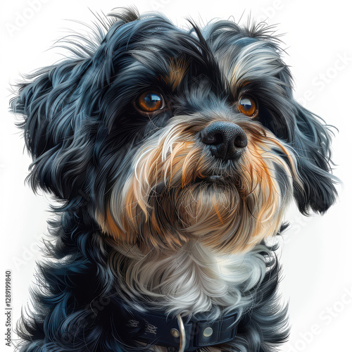 Close-up image of a black and white fluffy dog with a calm, attentive expression The dog has distinct markings on its face a white muzzle and a blaze between the eyes Its ears are fl - AI-Generated