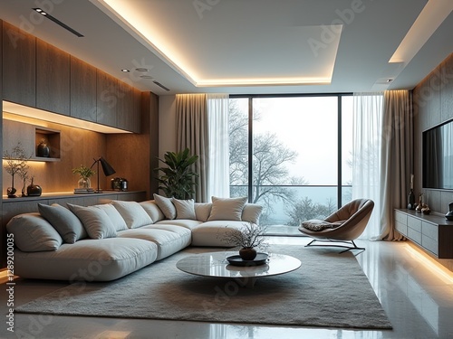 Apartment with Contemporary Furniture, Spacious Living Room, and Elegant Interior Design