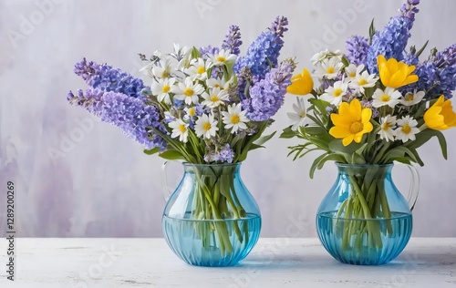 Wallpaper Mural Two vases filled with a mix of blue, purple, white, and yellow flowers on a table Torontodigital.ca