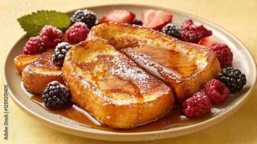 Wallpaper Mural A beautifully plated mixed berry French toast drizzled with maple syrup, topped with a variety of fresh berries, and a dusting of powdered sugar, inviting a delicious breakfast experience. Torontodigital.ca