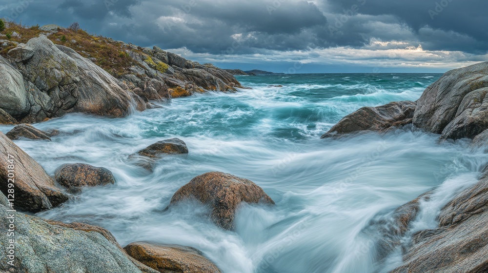 Fototapeta premium Rocky Coastline with Waves Crashing Under Dramatic Skies
