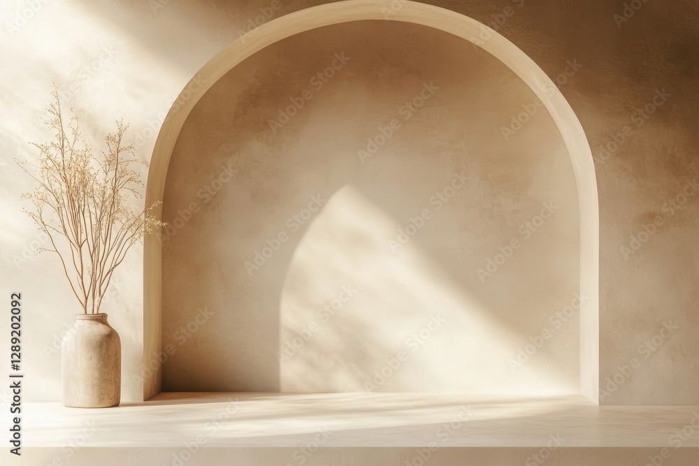 Oriental style arch, soft beige or light sand color, soft sunlight passes through the arch, creating a warm atmosphere suitable for photography. Minimalist beige arch. Background and showcase Oriental style arch, soft beige or light sand color, soft sunlight passes through the arch, creating a warm atmosphere suitable for photography. Minimalist beige arch. Background and showcase