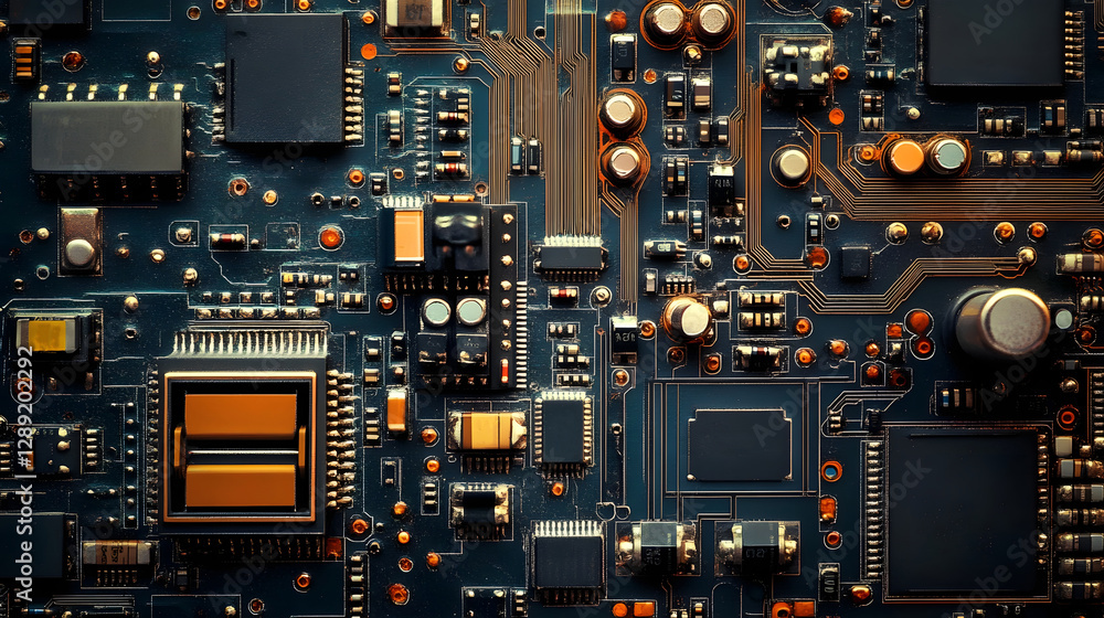 Intricate Overhead View of Complex Electronic Circuit Board with Various Components Intricate Overhead View of Complex Electronic Circuit Board with Various Components