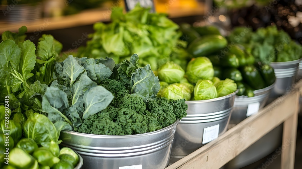Vibrant Market Display of Fresh Organic Produce in Metallic Containers Vibrant Market Display of Fresh Organic Produce in Metallic Containers