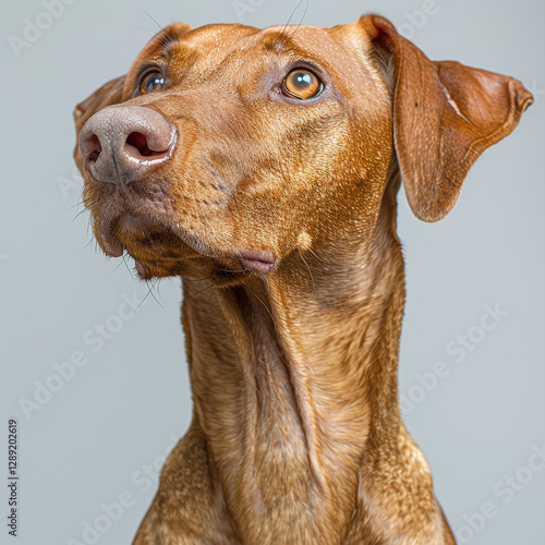 Close-up of an attentive or curious adult dog with medium-length wiry brown fur, gazing upwards Background is plain - AI-Generated photo