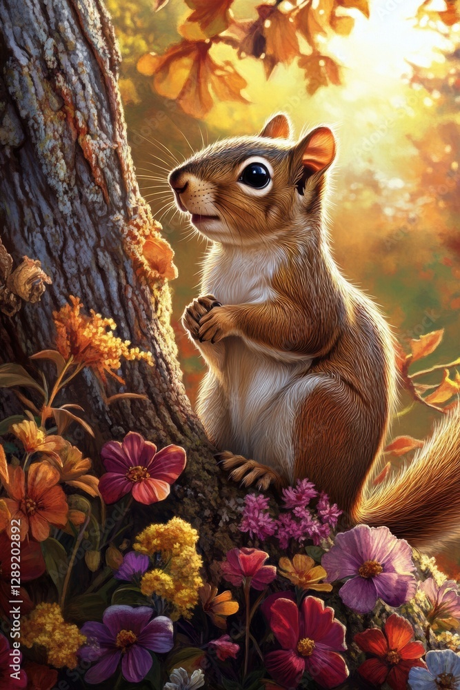 Fototapeta premium Cute squirrel in Spring field in forest.