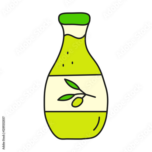 Doodle colored olive oil in glass bottle isolated on white background. Vegetable fats. Healthy nutrition concept.