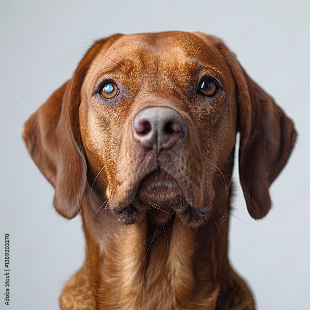 Close-up image of a reddish brown dog with floppy ears and amber eyes, showing a gentle expression against a neutral background - AI-Generated Close-up image of a reddish brown dog with floppy ears and amber eyes, showing a gentle expression against a neutral background - AI-Generated