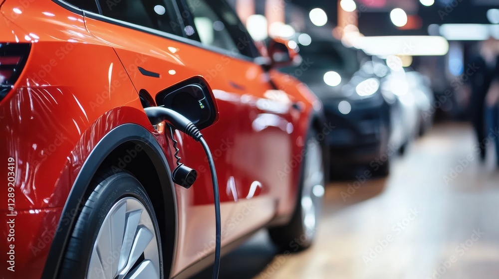 A car showroom showcasing electric family SUVs. Featuring space and eco-luxury