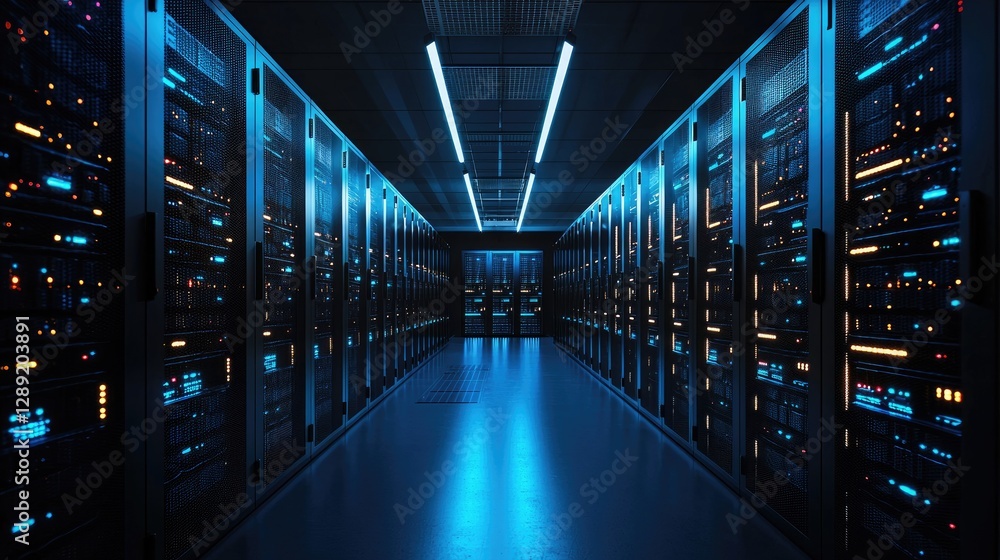 A futuristic data center with glowing blue and orange server racks in a highly secure, modern environment. Ideal for cloud computing, cybersecurity, and IT infrastructure themes A futuristic data center with glowing blue and orange server racks in a highly secure, modern environment. Ideal for cloud computing, cybersecurity, and IT infrastructure themes