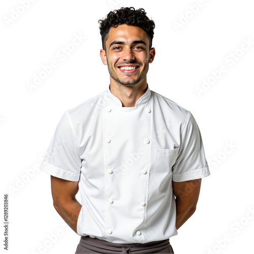 Smiling young male chef portrait on white. Confident cook in chef's whites for restaurant, food blog, menu design. Isolated on transparent background.