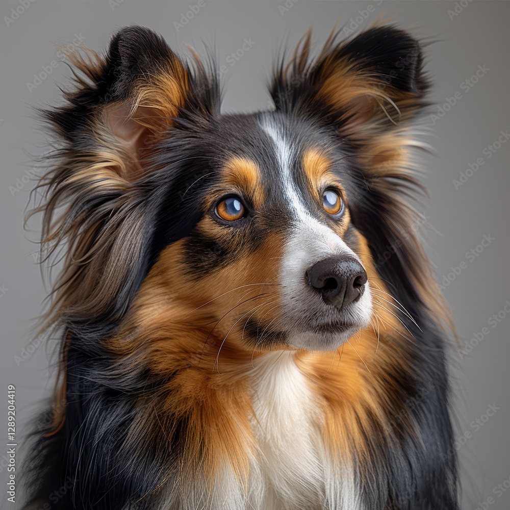 Close-up portrait of an adult dog with calm, attentive expression Black, white, and tan coat with wavy texture Flopped ears possibly relaxed or attentive Focused eyes on surroundin - AI-Generated Close-up portrait of an adult dog with calm, attentive expression Black, white, and tan coat with wavy texture Flopped ears possibly relaxed or attentive Focused eyes on surroundin - AI-Generated