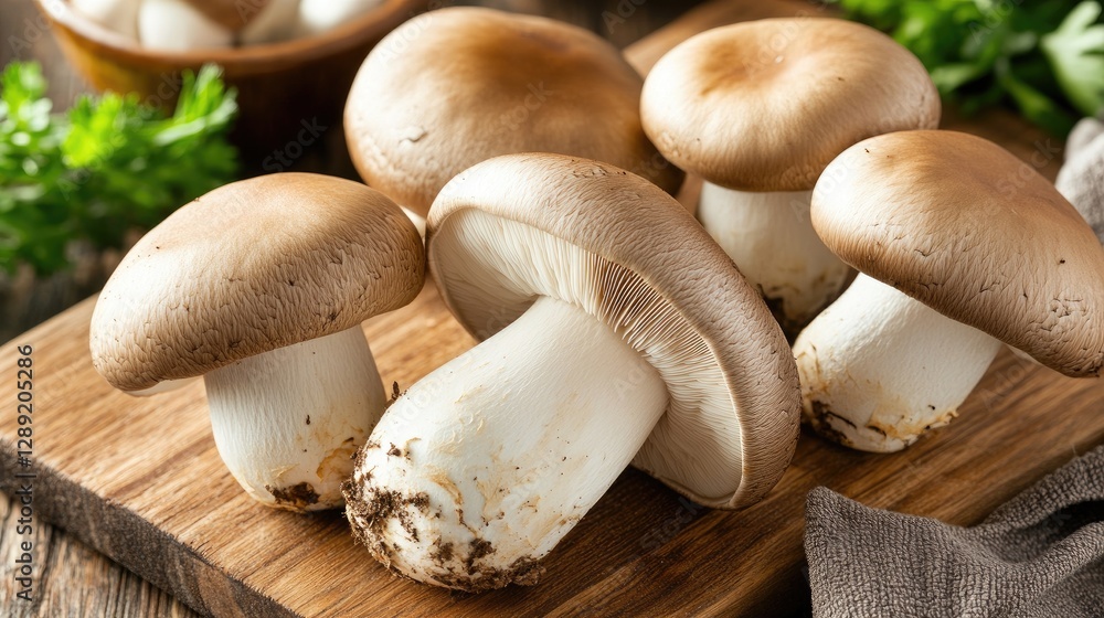 A close-up of fresh king oyster mushrooms on a wooden cutting board, highlighting their unique texture and shape, ready for culinary preparation, with soft natural lighting enhancing the scene. A close-up of fresh king oyster mushrooms on a wooden cutting board, highlighting their unique texture and shape, ready for culinary preparation, with soft natural lighting enhancing the scene.