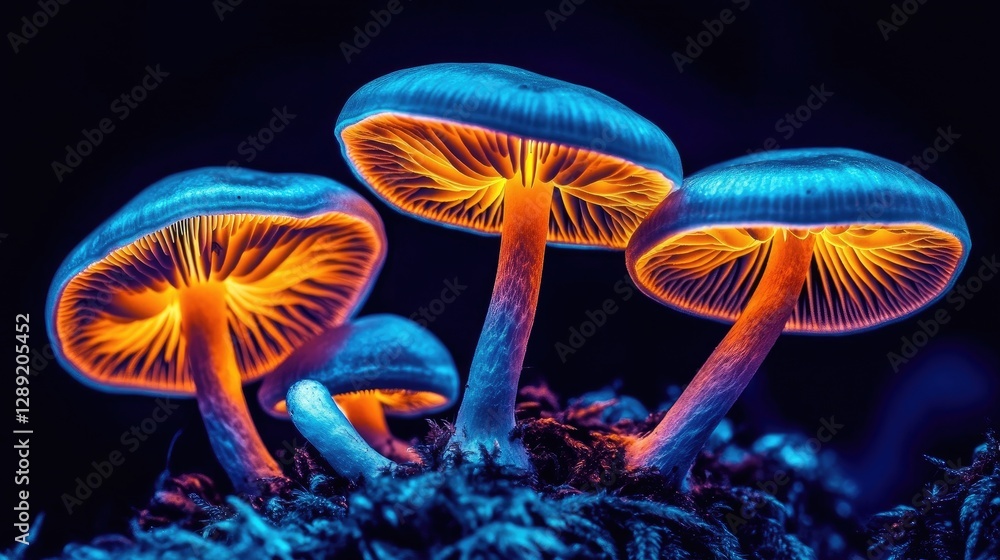 A close-up of small, delicate mushrooms glowing faintly on a moss-covered rock, their gentle light creating an intimate, magical atmosphere. A close-up of small, delicate mushrooms glowing faintly on a moss-covered rock, their gentle light creating an intimate, magical atmosphere.