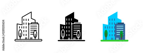 Skyscraper icon. High-rise building pictogram. Modern architecture and urban skyline symbol. Office tower and real estate vector illustration. Business district and commercial infrastructure concept.