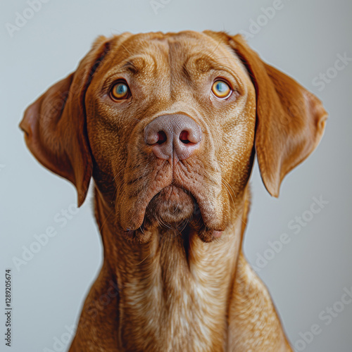 Wallpaper Mural Close-up image of a large, mixed-color dog brown, black, tan with attentive expression, perked ears, and slightly upward gaze Background is plain - AI-Generated Torontodigital.ca
