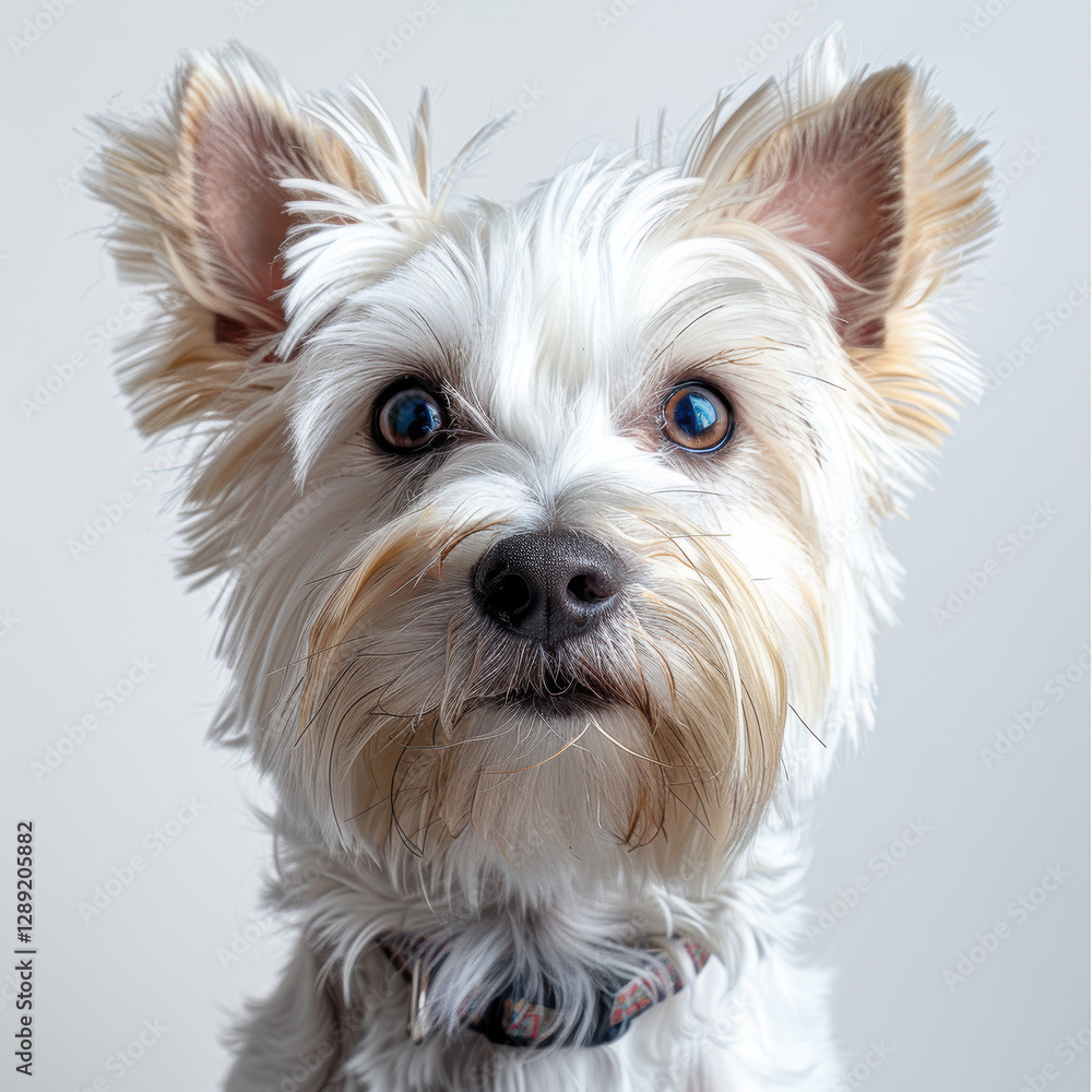 Close-up of a curious, well-groomed white dog with light brown markings on face, ears, and legs Background is plain and out of focus Realistic style, high-quality lighting and detail - AI-Generated