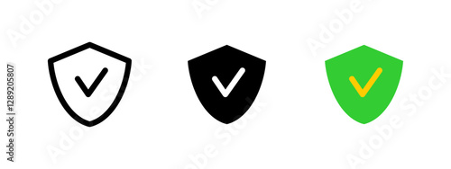 Checkmark shield icon. Security and protection symbol. Verified approval vector illustration. Safety and authentication pictogram. Reliable defense and guarantee concept.