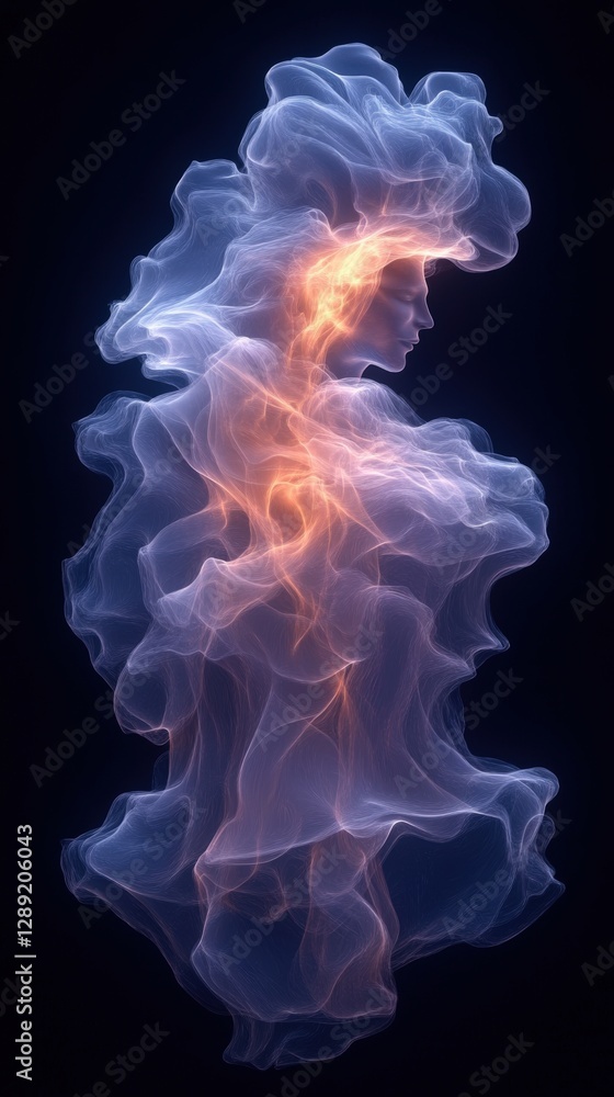 Ethereal Abstract Figure with Fiery Glow in Fluid Motion Ethereal Abstract Figure with Fiery Glow in Fluid Motion