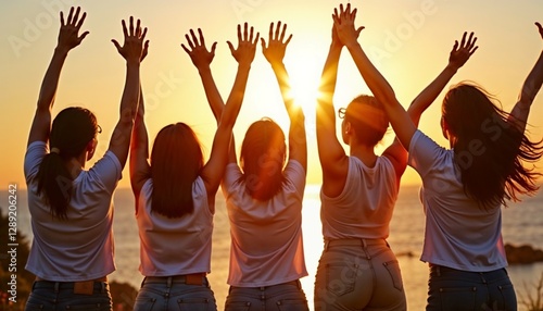 Joyful Women Celebrating Freedom Against Vibrant Ocean Sunset