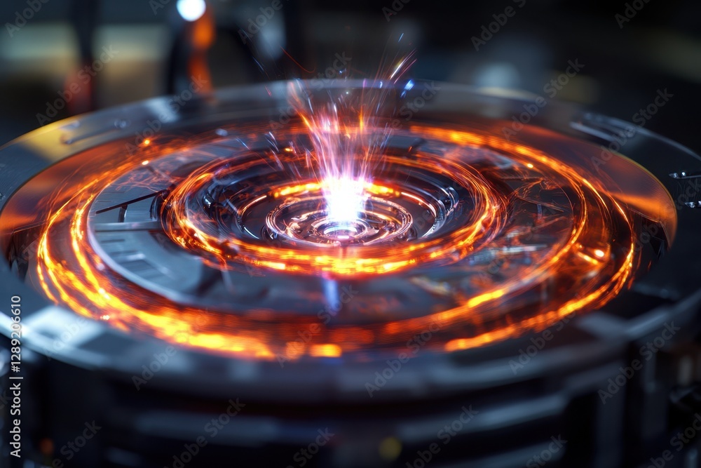 Spiraling energy pattern in a futuristic circular device at night Spiraling energy pattern in a futuristic circular device at night