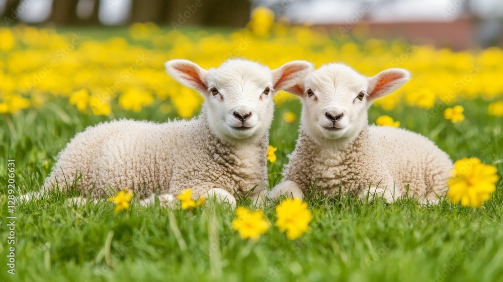 Fototapeta premium Two cute lambs resting together in a vibrant field of yellow flowers during springtime