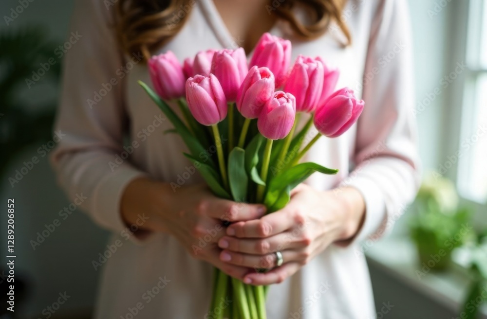 white hands hold a bouquet of pink tulips in close-up white hands hold a bouquet of pink tulips in close-up