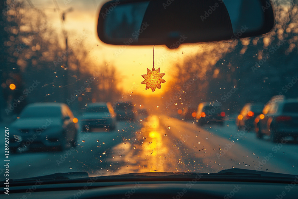 Obraz premium A car air freshener hanging from a rearview mirror, modern and functional, automotive theme