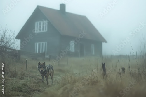 A lone wolf stands in a foggy field before a rustic house on an overcast day.  The scene evokes a sense of mystery and solitude photo