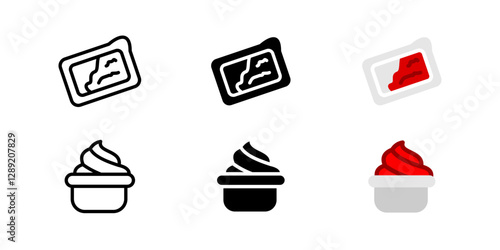Sauce ketchup icon. Tomato-based condiment symbol. Fast food dipping sauce vector illustration. Small packet and cup pictogram. Topping sauce for fries, burgers and snacks.