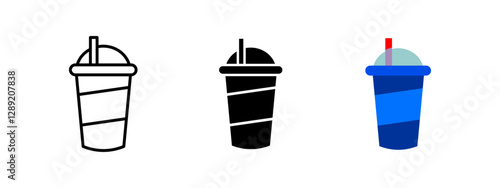 Soft drink cup straw icon. Refreshing beverage symbol. Takeaway soda vector illustration. Fast food drink container pictogram. Classic plastic cup with lid and straw for cold drinks.