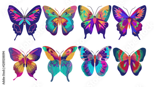 Psychedelic butterflies, neon color schemes, vector isolated illustrations, bright butterfly designs, colorful neon butterflies, abstract butterfly art, vibrant butterfly vector