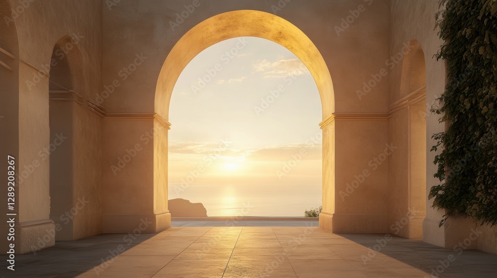 Fototapeta premium Oriental style arch, soft beige or light sand color, soft sunlight passes through the arch, creating a warm atmosphere suitable for photography. Minimalist beige arch. Background and showcase