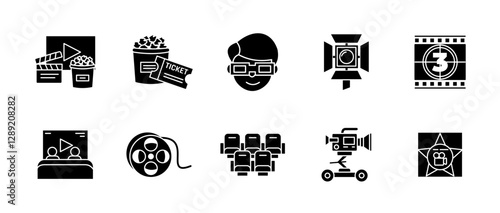 Cinema icon set black. Film reel, ticket, popcorn and camera symbol collection. Vector icons for movie theater, entertainment, production and filmmaking industry. Cinema and movie theater glyph.