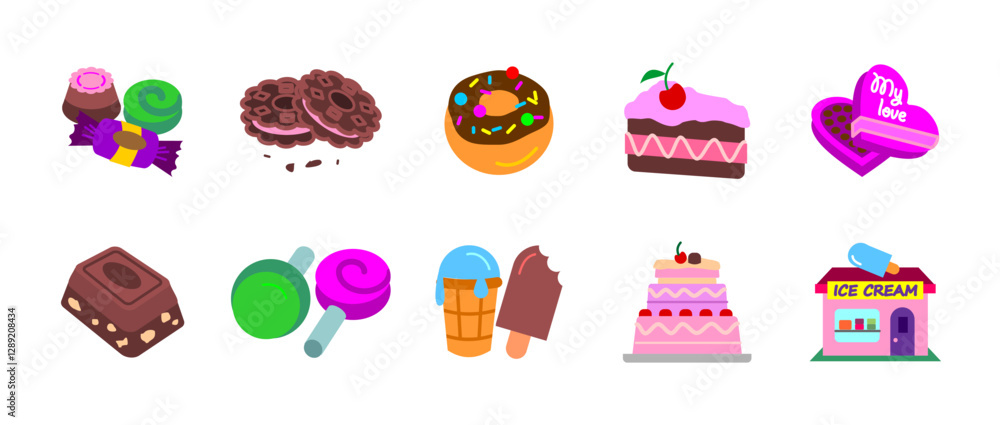 Fototapeta premium Sweets and desserts colorful icon set. Colored collection of delicious treats. Cake, candies, ice cream, cookie, lollypop and chocolate. Bakery, confectionery and pastry-related vector icons.