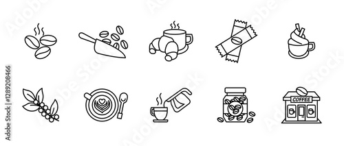 Coffee icon set. Cafe, hot beverage brewing and caffeine symbols collection. Beans, cup, grinder and coffee-making elements vector illustration. Espresso, cappuccino drinks and barista pictogram.