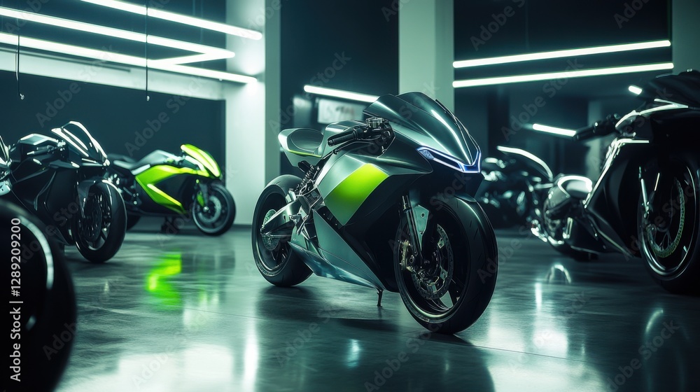Obraz premium A car showroom showcasing electric motorcycles with advanced tech. Featuring speed and sustainability