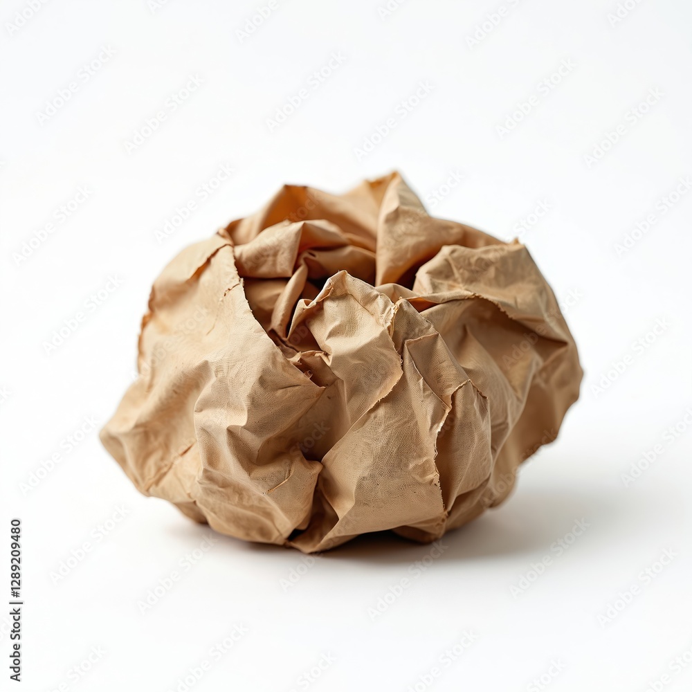Crumpled ball of brown parchment paper on white background. Ripped and wrinkled sheet with rough texture. Vintage style design element. Eco reusing and recycling concept with blank paper page. Crumpled ball of brown parchment paper on white background. Ripped and wrinkled sheet with rough texture. Vintage style design element. Eco reusing and recycling concept with blank paper page.