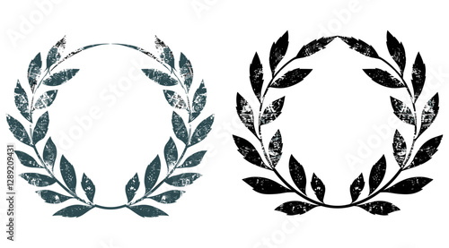 Grunge stamp style Laurel wreath icons, vector with distressed texture, isolated on transparent background, vintage emblem, retro, decorative, textured, symbol,