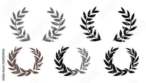 Vector grunge stamp style Laurel wreath icons with distressed texture, isolated on transparent background, decorative, vintage design, textured icons, emblem, symbol, retro design.