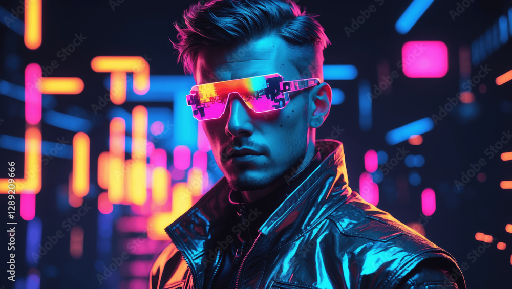 Futuristic man in neon-lit urban setting wears reflective sunglasses and stylish jacket at night Futuristic man in neon-lit urban setting wears reflective sunglasses and stylish jacket at night