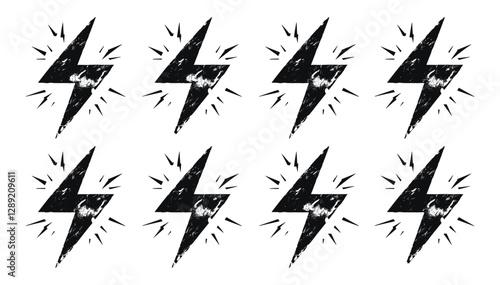 Vector lightning bolt symbol stamp, distressed grunge texture, isolated on transparent background, electric strike graphic, power energy, grunge style, dynamic icon, symbol, bold design