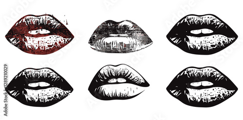 Lips vector illustration, retro stencil, distressed grunge texture, stamps isolated, transparent background, vintage lip design, artistic lips, grunge lips art, stencil lips print