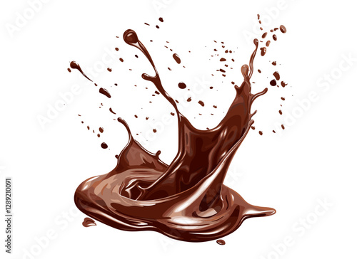 Liquid chocolate splash vector isolated on white, transparent PNG, splash effect, melted chocolate, sweet syrup, smooth texture, cocoa, dessert, food splash, chocolate wave.