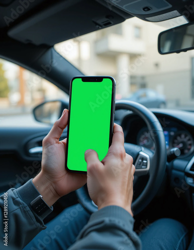 Hands holding a smartphone with a green mock-up screen inside a car, with a sharp foreground and blurred background, symbolizing technology and mobility.